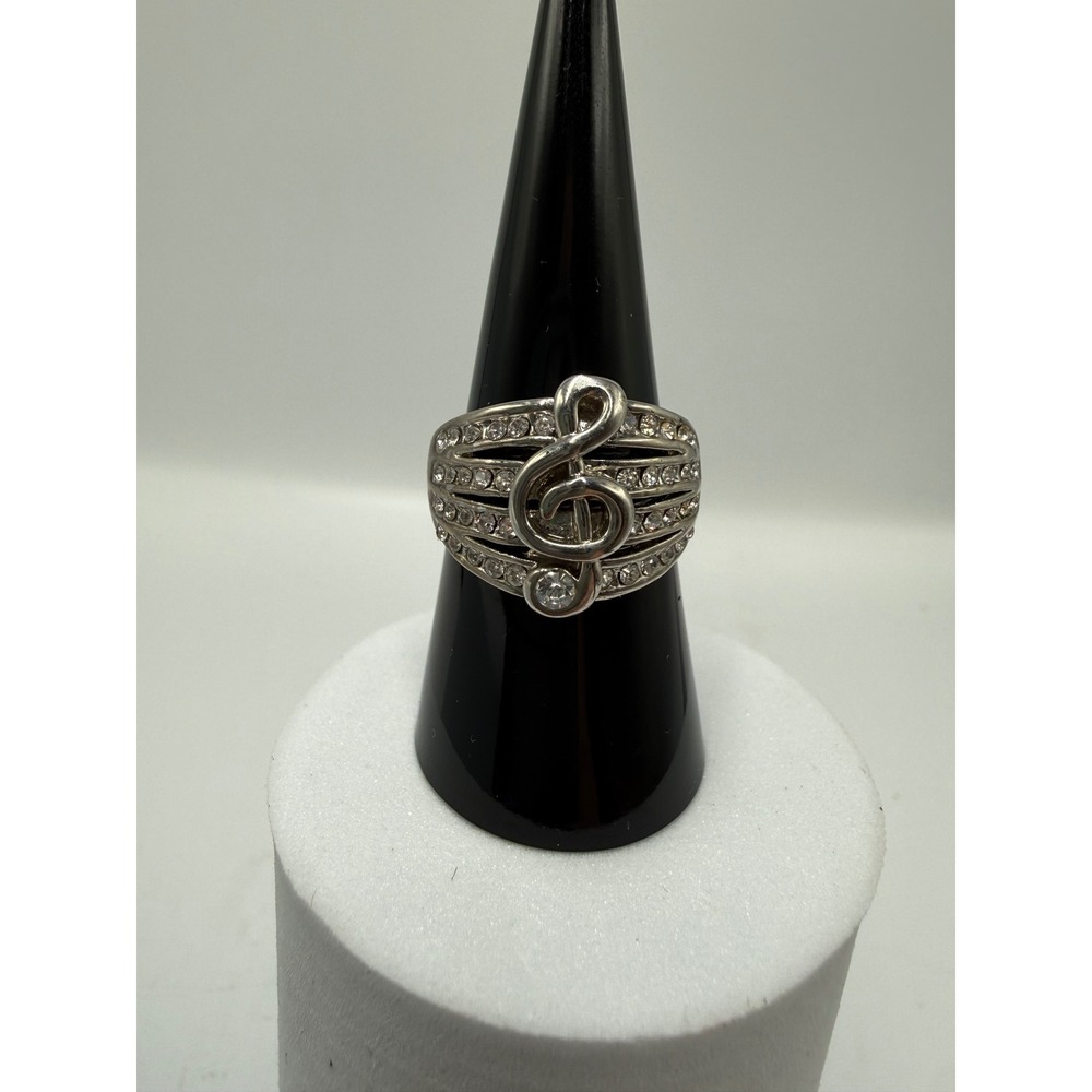Silver Tone Treble Clef Music Note Rhinestone Statement‎ Ring Wide Band